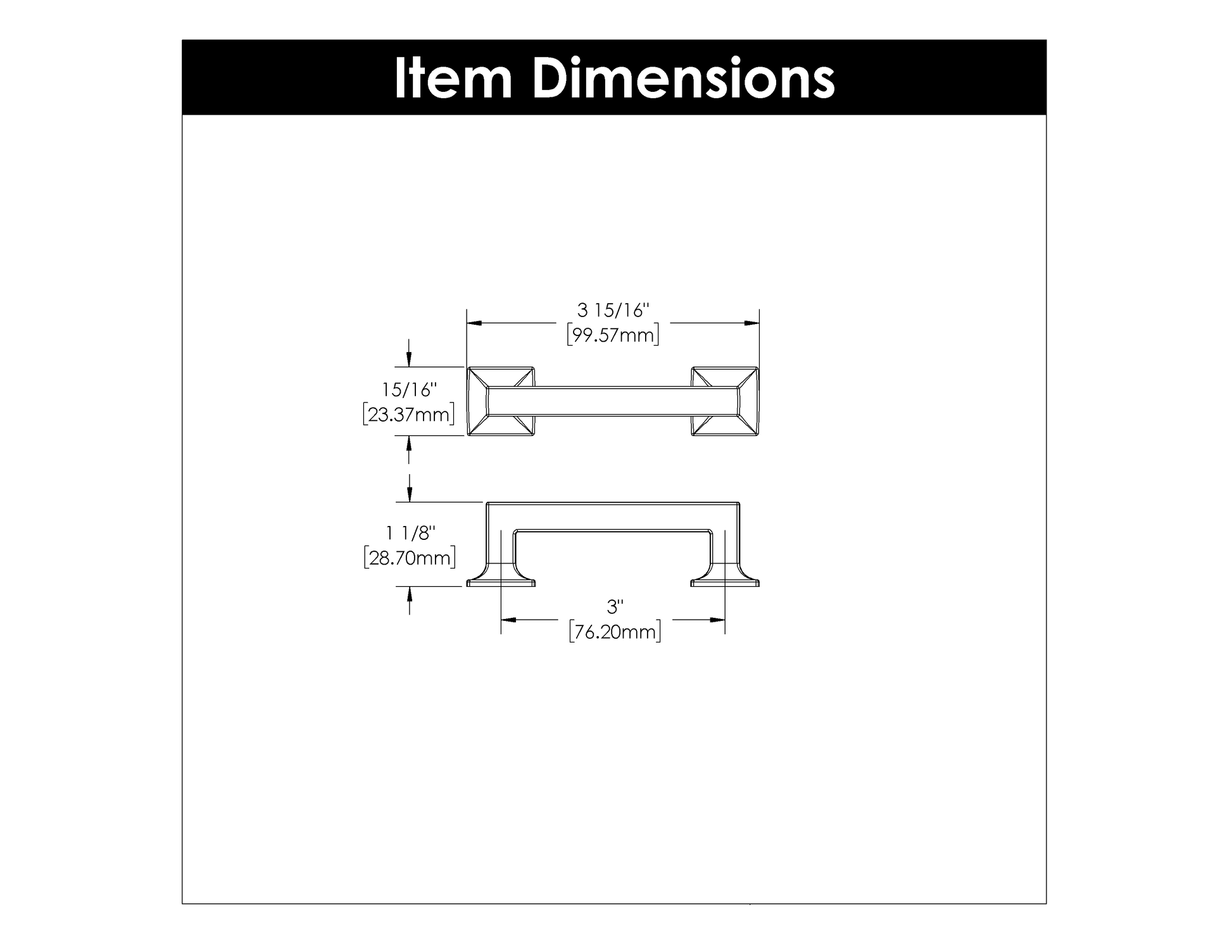 Technical drawing of a satin nickel cabinet pull with precise dimensions for hardware and home improvement projects