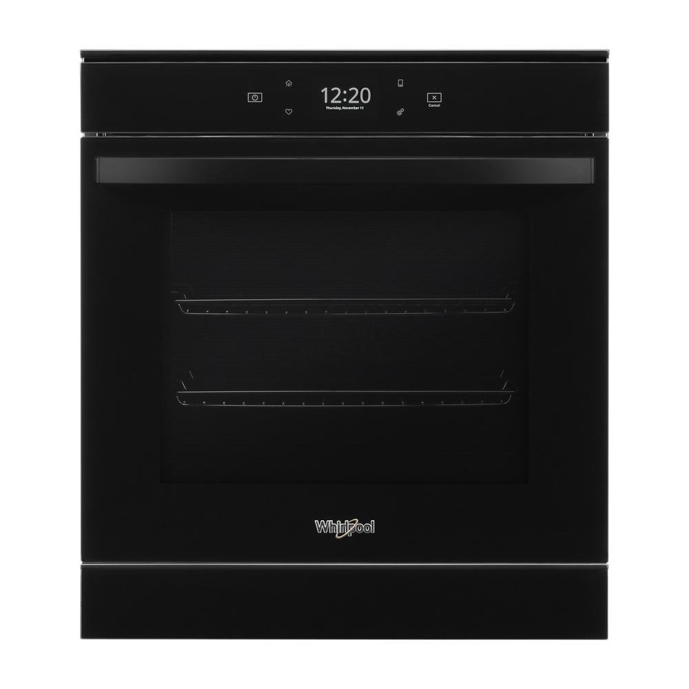 Black Whirlpool convection wall oven with digital touch controls and dual interior racks for modern kitchen appliances collection