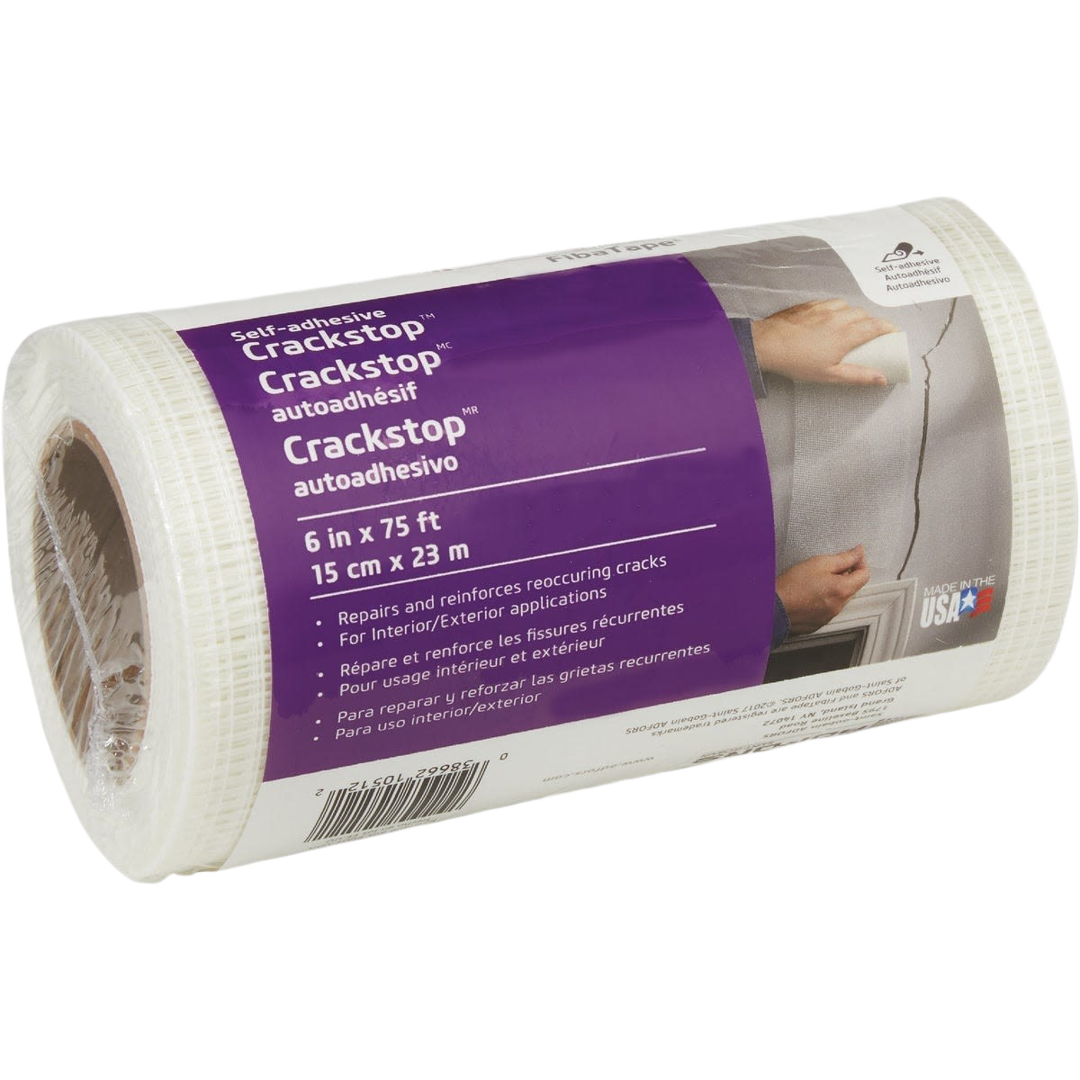 Roll of self-adhesive repair fabric for fixing cracks on interior and exterior surfaces in home improvement projects