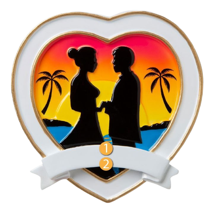 Heart-shaped ornament with bride and groom silhouette against a tropical sunset for Christmas decorations under $50