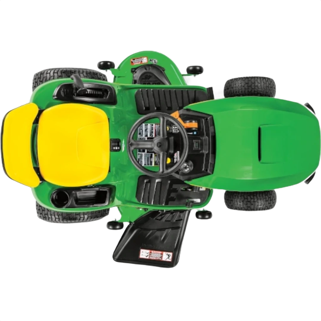 Top view of a green and yellow riding lawn tractor with 48-inch deck and ergonomic controls for home improvement tasks