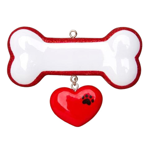 White dog bone ornament with red glitter trim and hanging red heart featuring black paw print, Christmas Ornaments under $50 collection