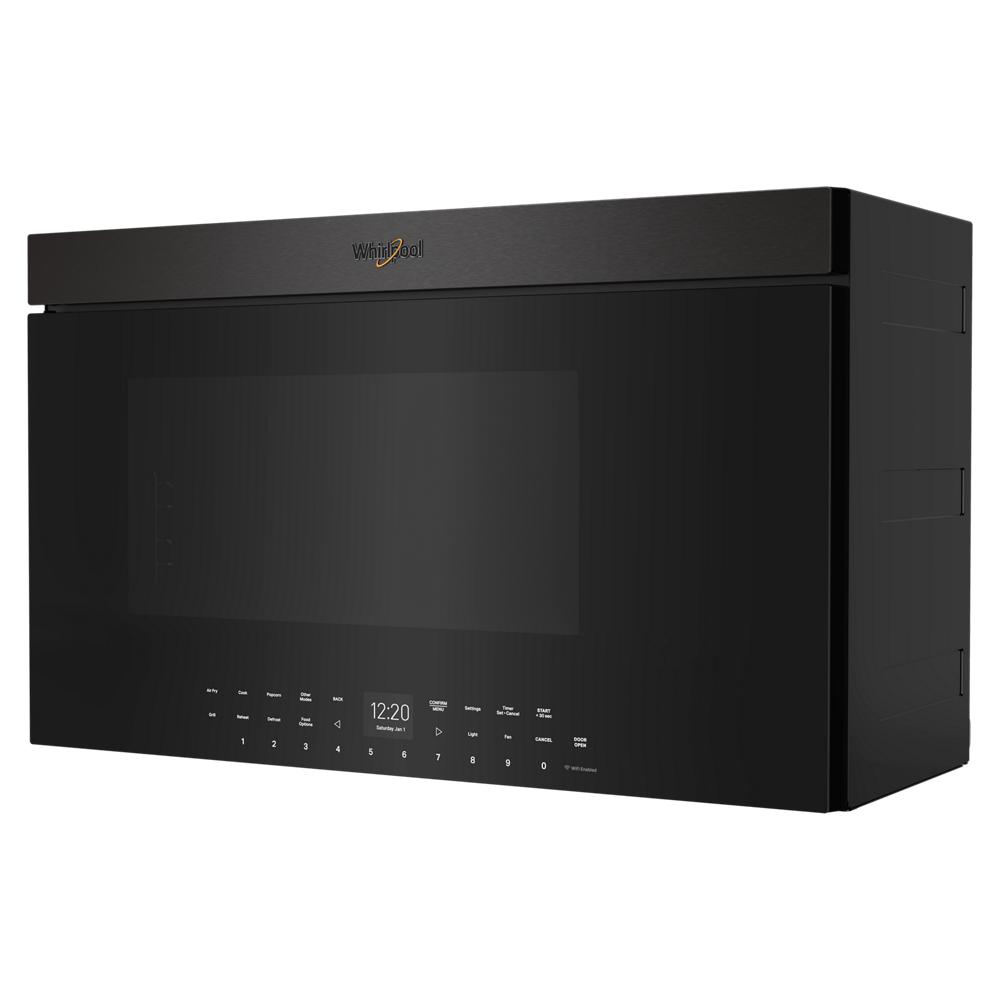 Black flush-mount microwave with digital control panel and Whirlpool logo from Over the Range Microwaves collection