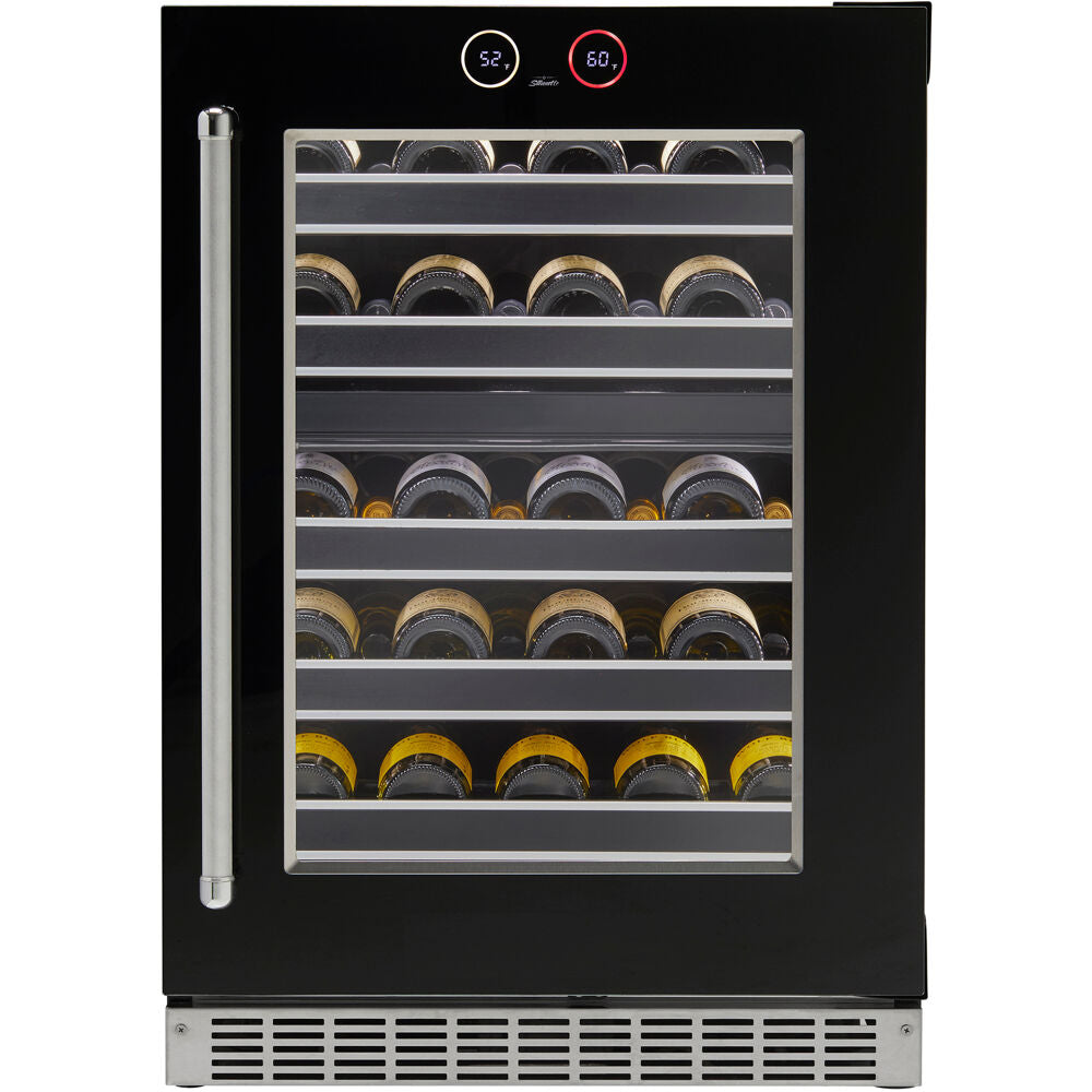 Black under-counter wine cellar with glass door, metal handle, dual temperature digital display in kitchen appliances collection