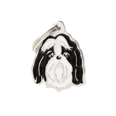 Silver-tone enamel dog tag depicting a black and white Shih Tzu face with attached split ring for collars