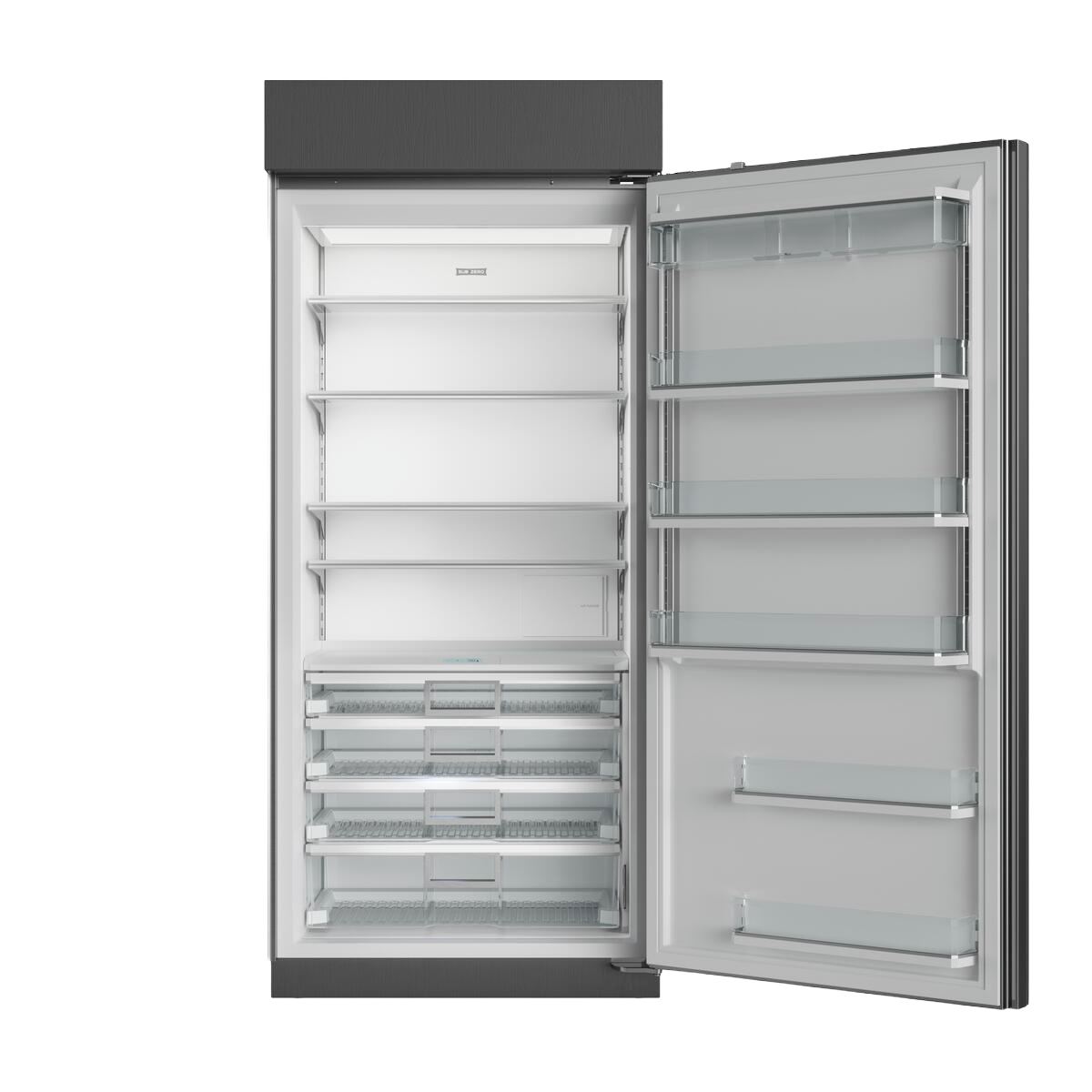 Spacious stainless steel refrigerator open to show adjustable glass shelves and clear storage bins in kitchen appliances collection