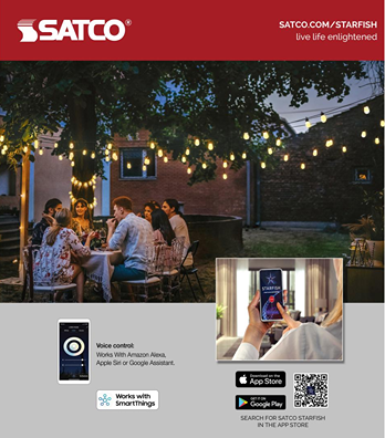 Warm glowing frosted smart LED string lights illuminating an outdoor dining area for home improvement and outdoor living