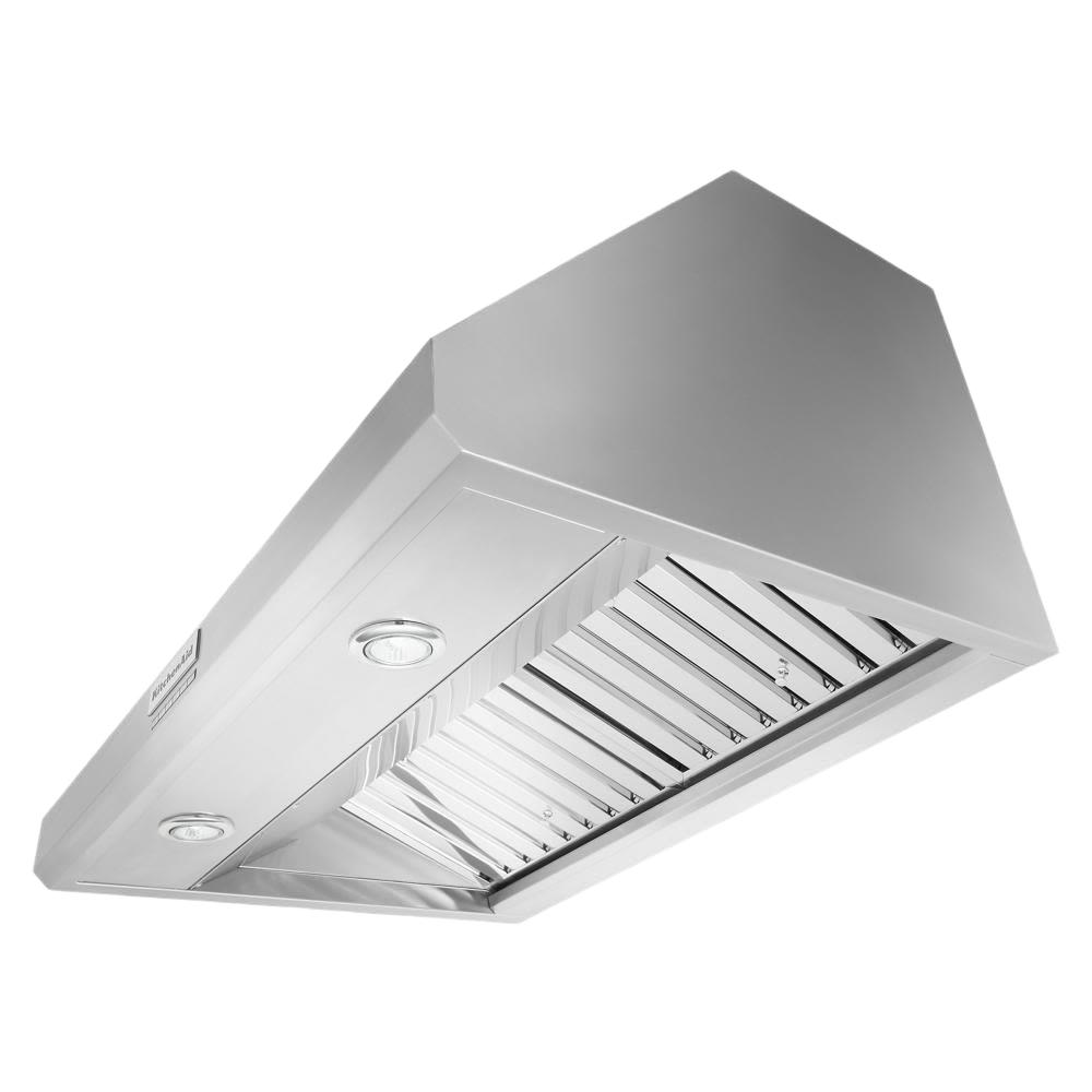 Commercial-style stainless steel wall-mount canopy range hood with baffle filters and integrated lights from KitchenAid Appliances collection