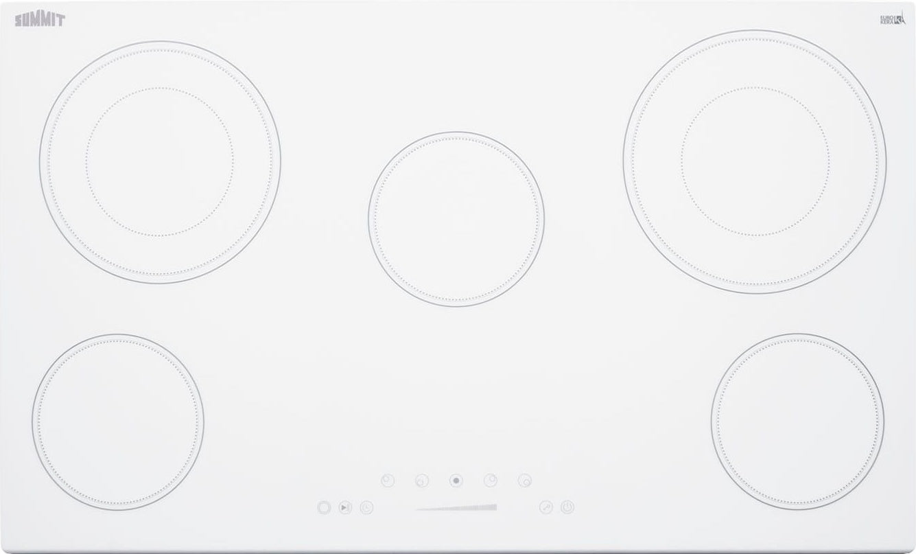 White 5-burner radiant cooktop with smooth glass surface and touch controls in kitchen appliance setting