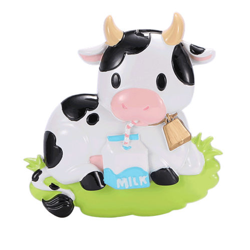 Whimsical cow ornament drinking milk on green base, decorative item for Christmas Ornaments & Tree Decorations collection under $50