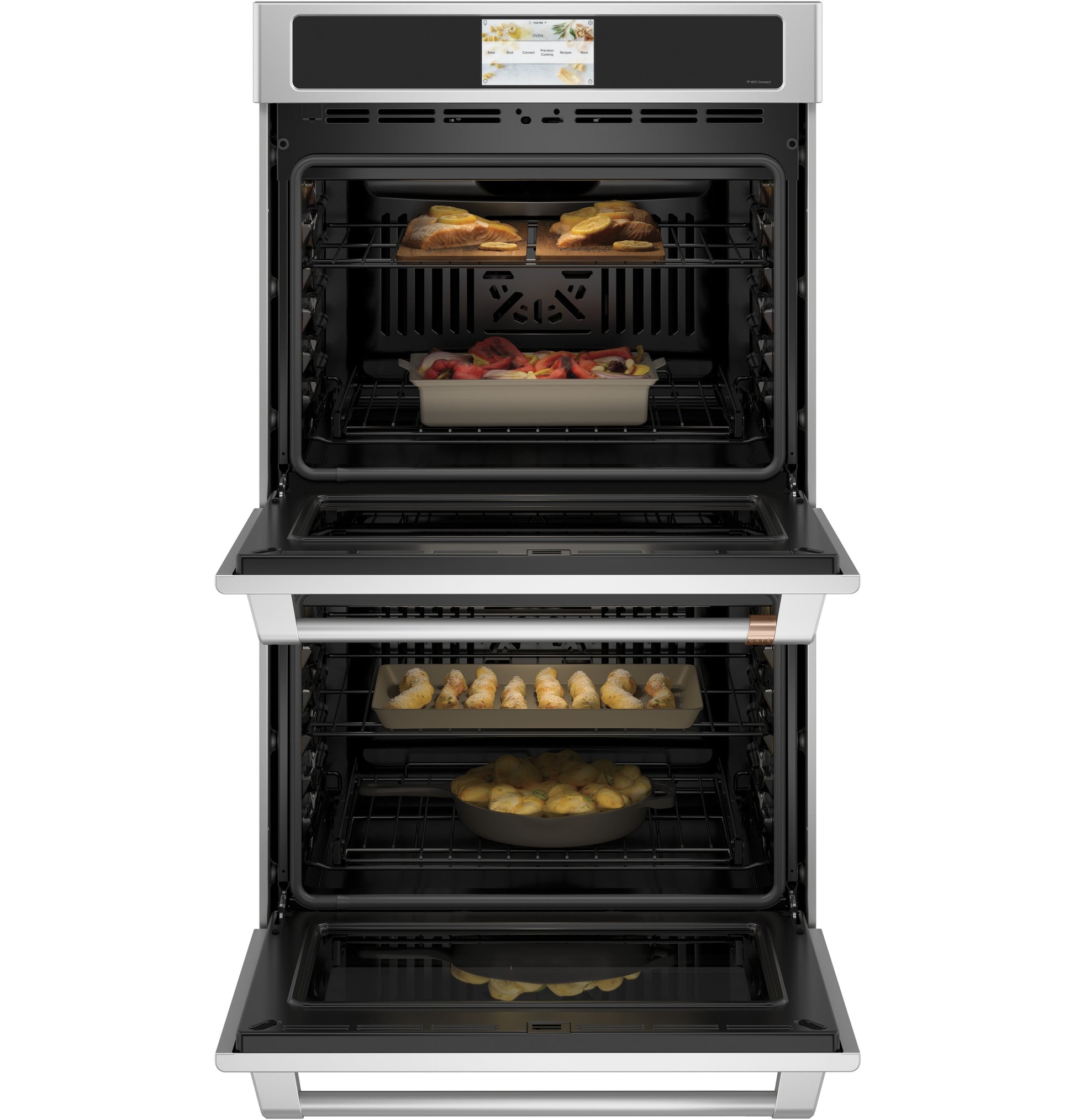 Smart double wall oven in stainless steel with convection and multiple dishes baking inside from Double Wall Ovens collection