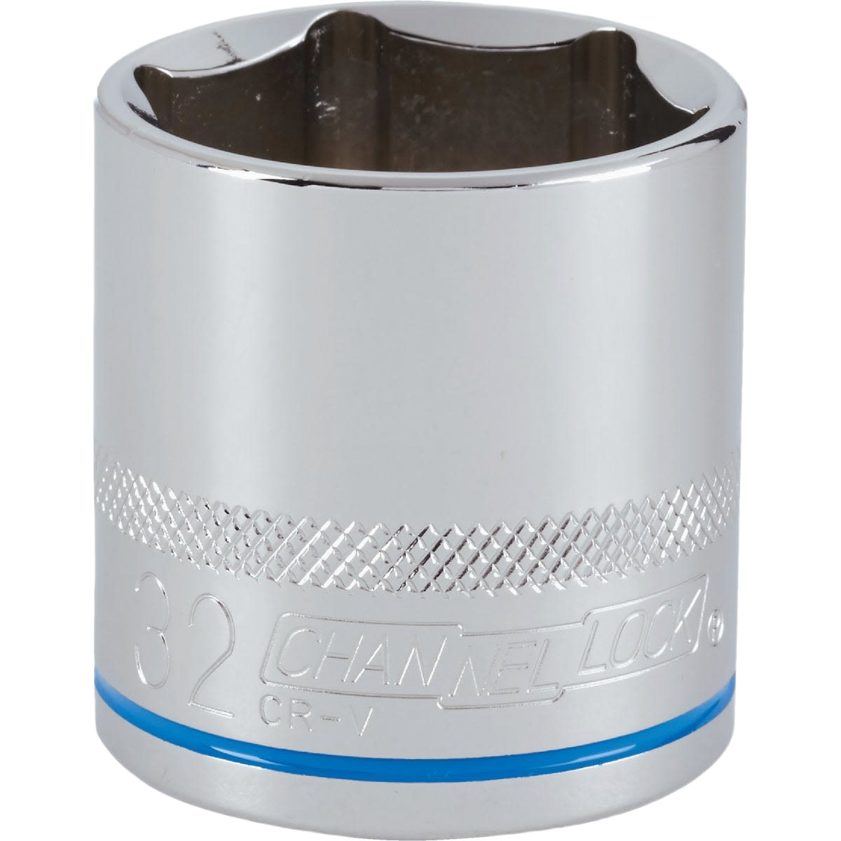Chrome-finished shallow 6-point metric socket with textured grip band for hand tools and home improvement tasks under $50