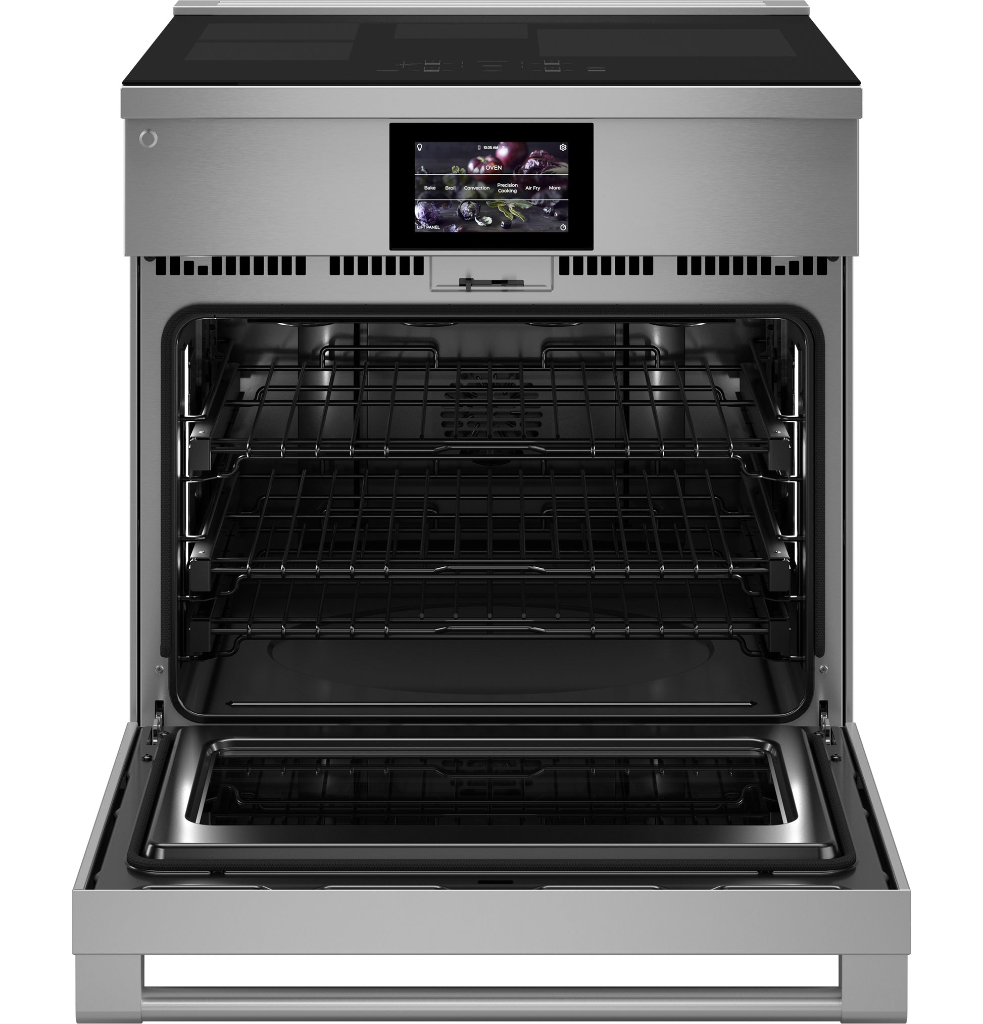 Stainless steel induction range with open oven door, two interior racks, and digital control panel in kitchen appliances collection