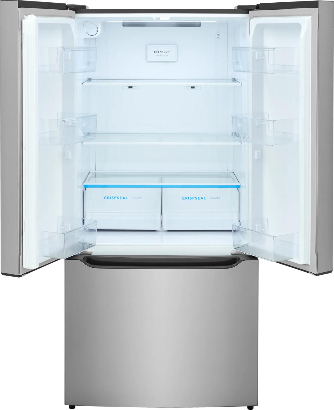 Open stainless steel French door refrigerator with empty interior and flexible storage in kitchen appliances collection