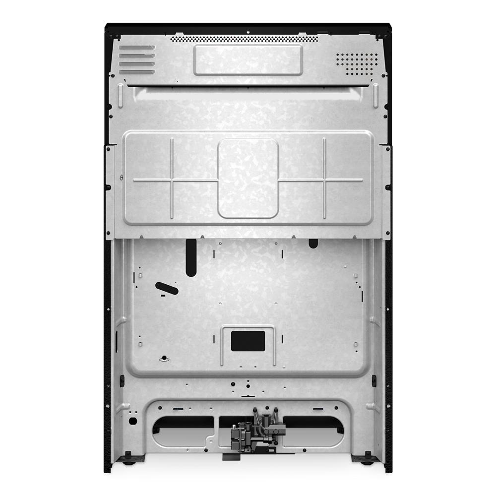 Back view of a 30-inch gas range showing exposed metal panel and internal burner components for home improvement.
