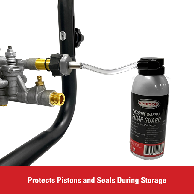 Canister of pump guard lubricant connected to pressure washer pump for protection in tool and power tool accessories collections