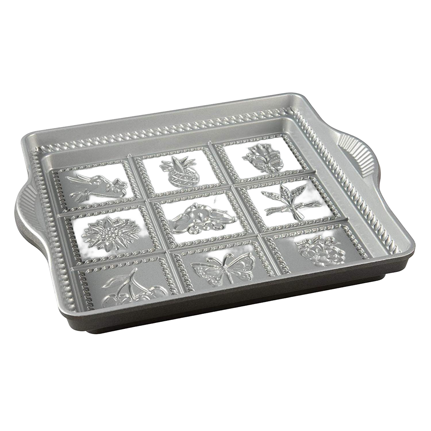 Silver metal pan with decorative embossed sections and side handles, kitchenware for baking and serving under $50 collection