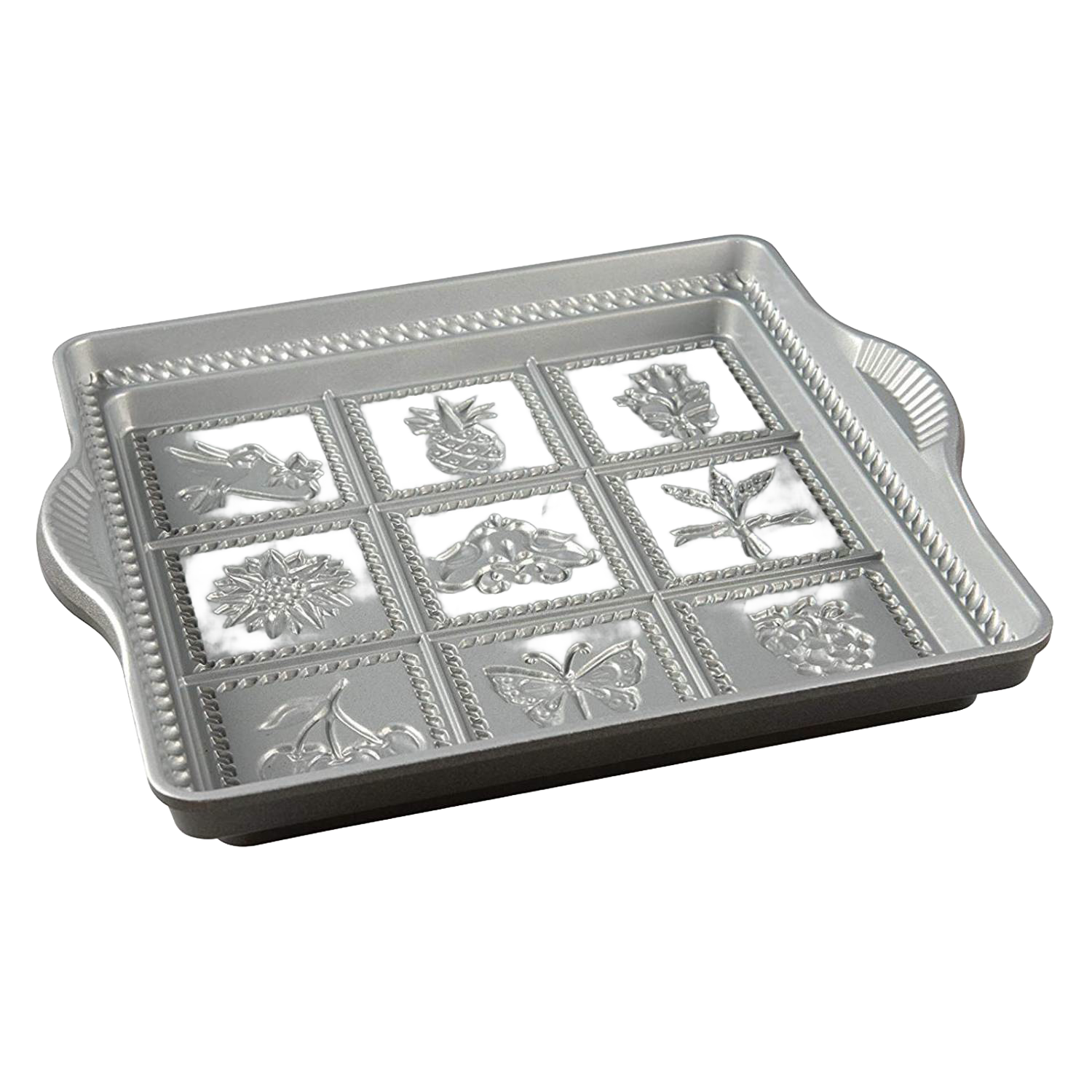 Silver metal pan with decorative embossed sections and side handles, kitchenware for baking and serving under $50 collection