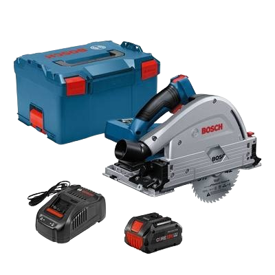 Cordless 5-1/2 inch track saw kit with battery, charger, and durable blue carrying case for home improvement projects