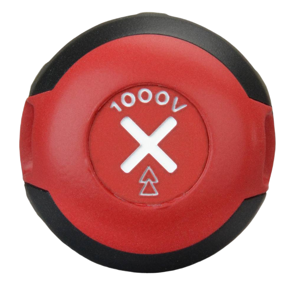Red and black insulated screwdriver handle end marked with 1000V rating for electrical safety in home improvement tasks