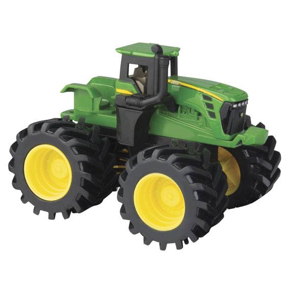 Green and yellow four-wheel drive toy tractor with oversized monster treads for rugged play and outdoor fun