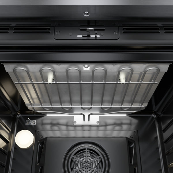 Interior view of stainless steel single wall oven featuring convection fan and heating element from Bosch appliances collection