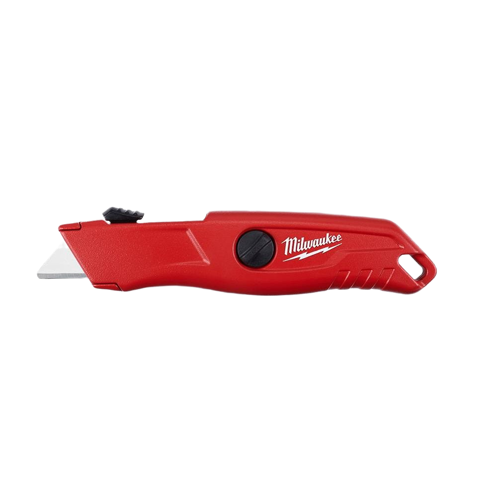 Red Milwaukee utility knife with self-retracting blade and ergonomic grip for woodworking and home improvement tasks