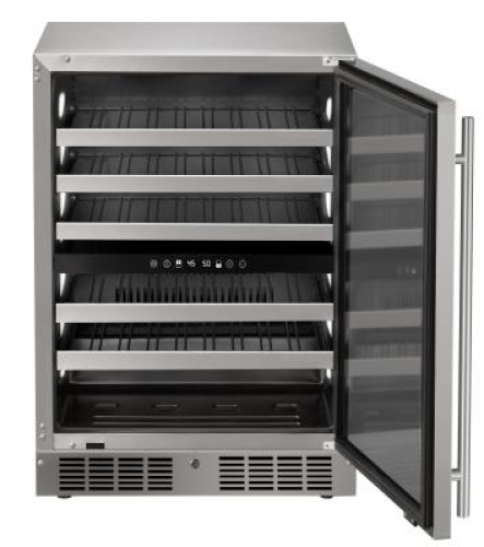 Stainless steel 24 inch dual-zone wine cooler with glass door, LED control panel, and multiple metal racks in appliances collection