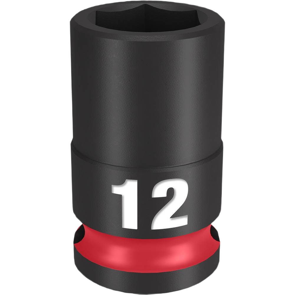 Black impact socket with 12-mm size marking and red ring for home improvement and automotive tool use