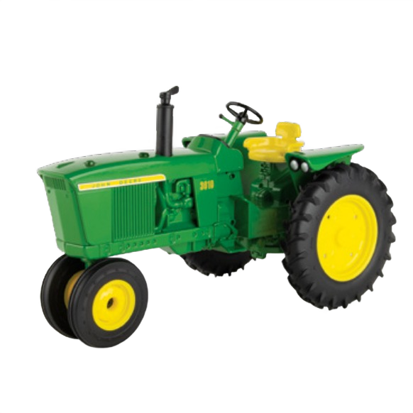 Green and yellow scale model tractor with detailed engine and large rear tires for home improvement collectors