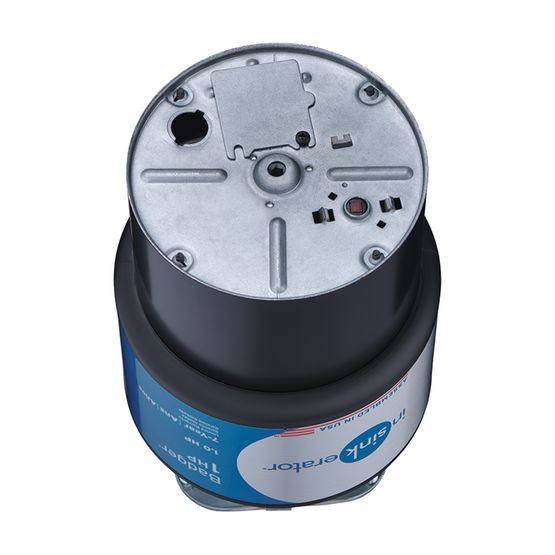 Bottom view of blue and black InSinkErator Badger 1HP garbage disposal for home improvement use