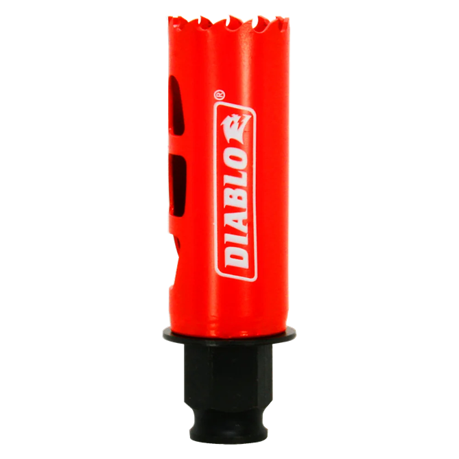 Red metal hole saw with sharp teeth and black hexagonal mandrel for woodworking tools and home improvement projects under $50