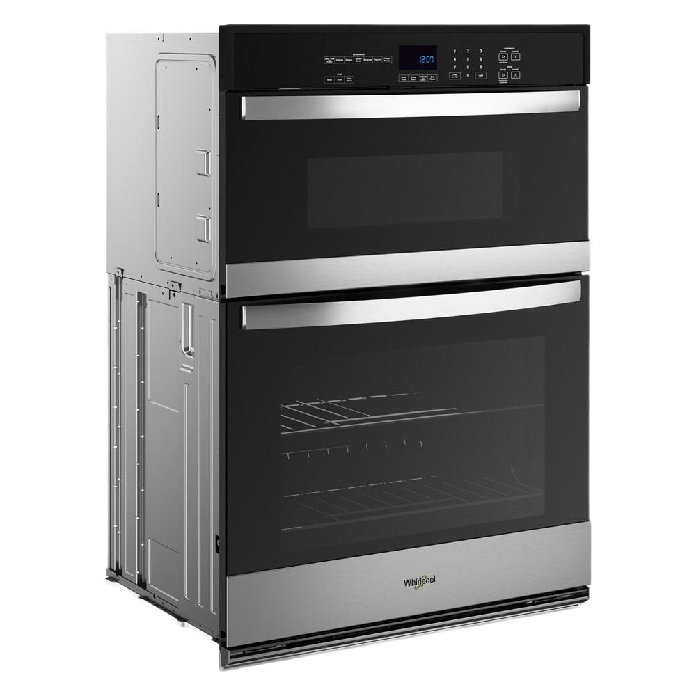 Stainless steel and black glass combo microwave and wall oven with digital controls, self-cleaning feature, and dual interior racks in kitchen appliances collections.