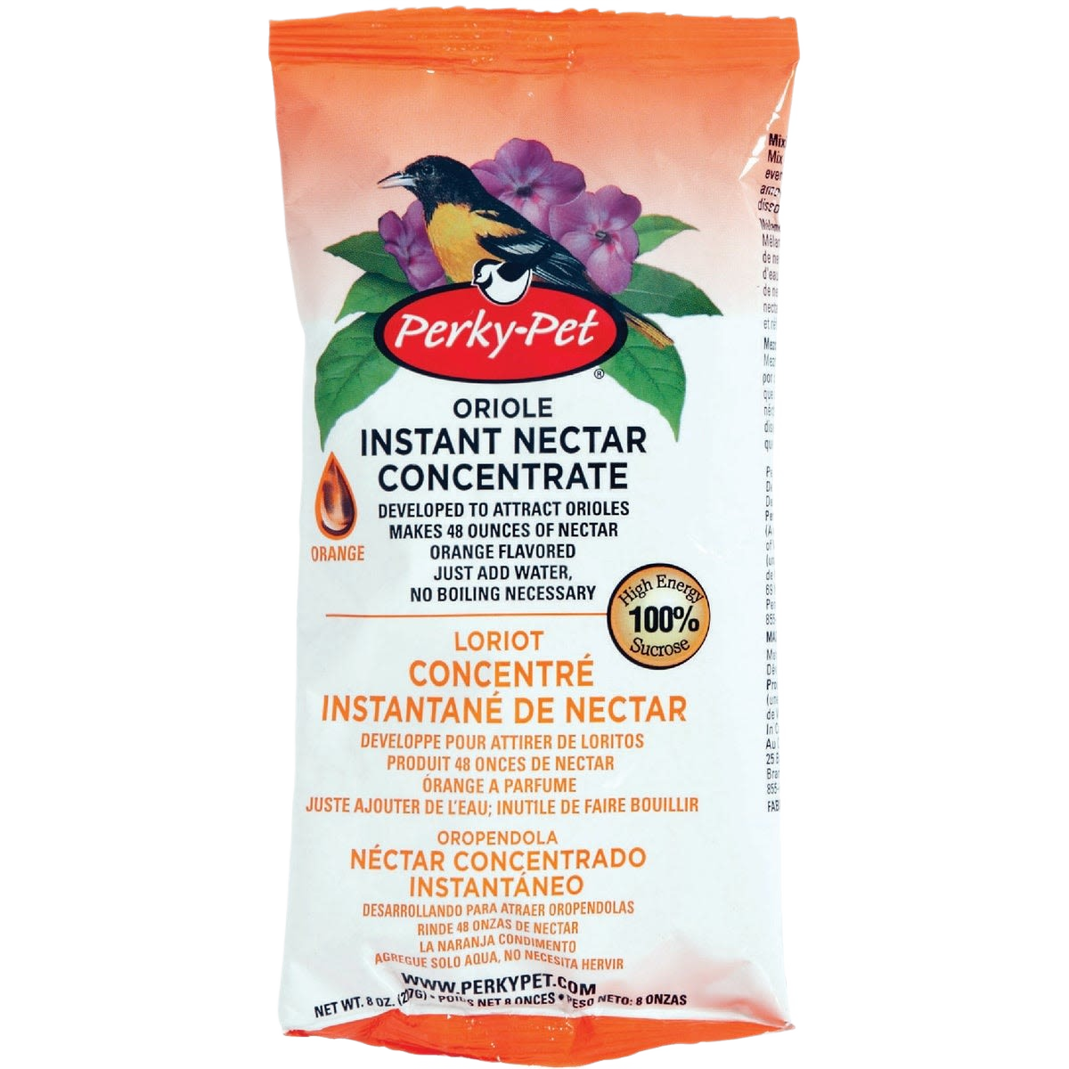 Orange powder nectar concentrate packet designed to attract orioles, easy mixing with water for bird feeding