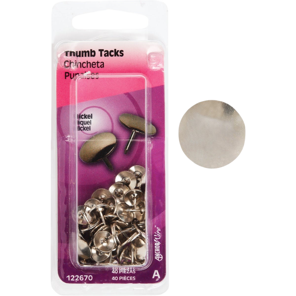 Package of nickel-plated thumb tacks with sharp points for fastening in hardware and fasteners collections