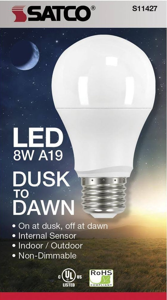 8 watt LED dusk-to-dawn bulb with internal sensor for indoor and outdoor use in lighting and electrical collections
