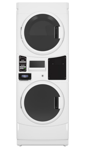 White commercial gas stack washer and dryer with card reader and front load doors from appliance laundry centers collection