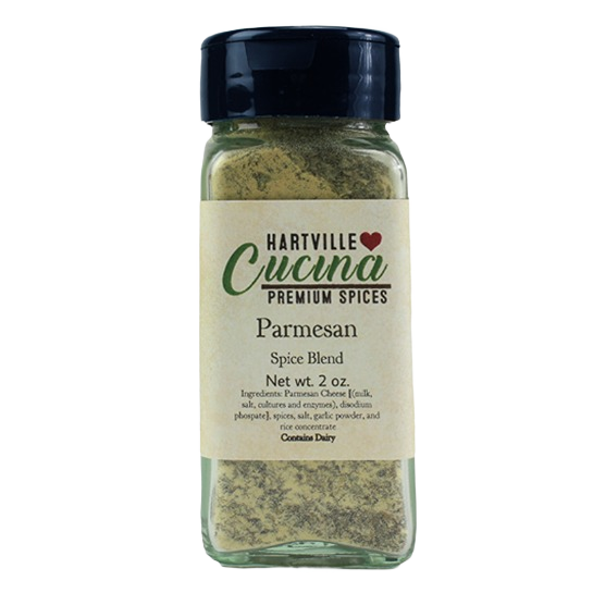 Glass jar of Hartville Cucina Parmesan spice blend with black lid for herbs and spices collection under $25