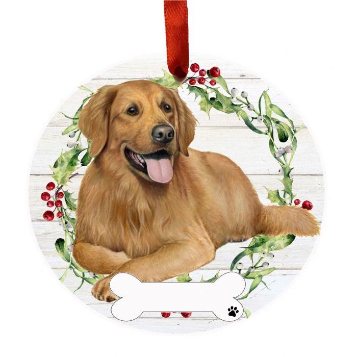 Round holiday ornament featuring a golden retriever illustration with holly and a blank bone-shaped nameplate