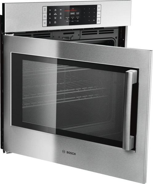Stainless steel single wall oven with left side-opening door and digital touch controls in kitchen appliances collection