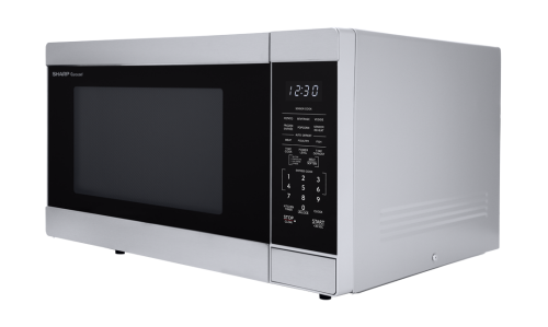 Silver stainless steel microwave with digital touchpad and LED display, suitable for kitchen appliances and microwaves collections