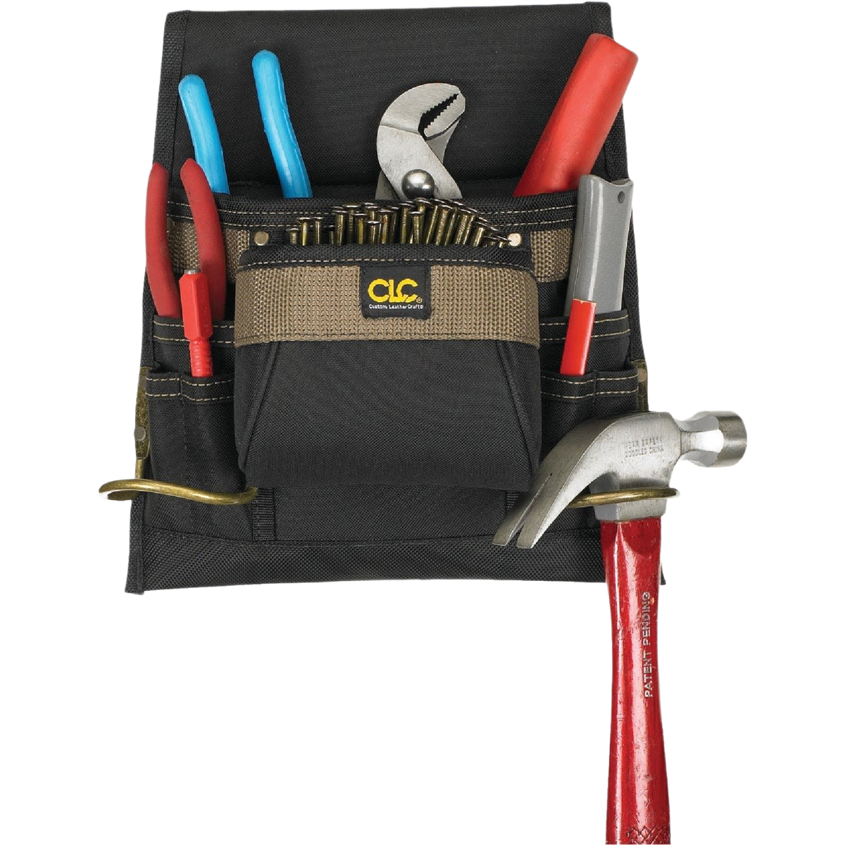 Compact tool bag with eight pockets holding pliers, hammer, nails, and screwdriver for woodworking tool storage.
