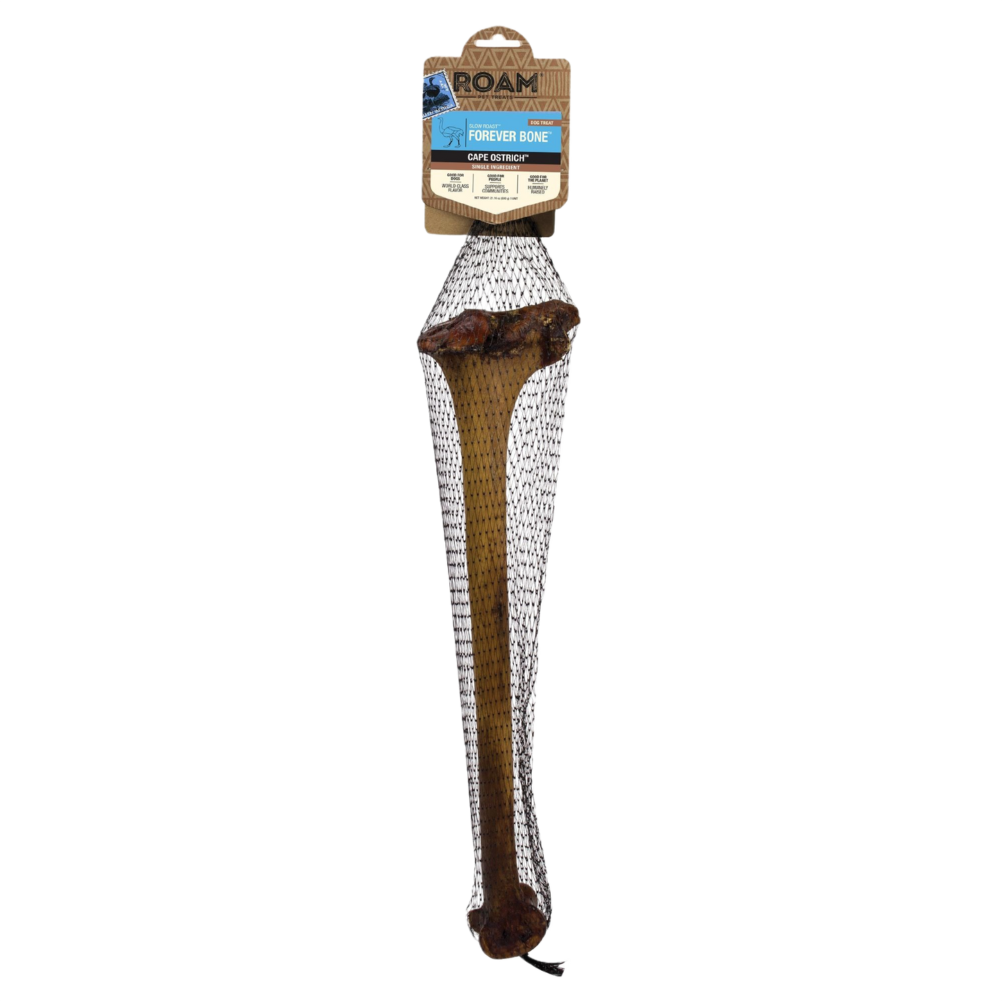 Long natural dog chew bone made from slow-roast ostrich, packed in mesh bag for pet and animal treats collections