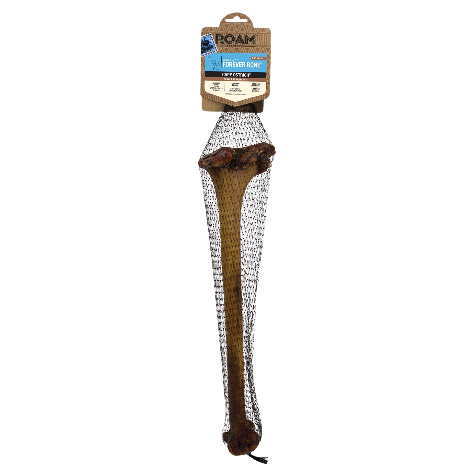 Long natural dog chew bone made from slow-roast ostrich, packed in mesh bag for pet and animal treats collections