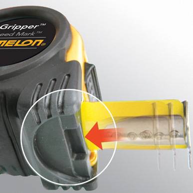 Close-up of a yellow and black measuring tape with a highlighted locking mechanism for hand and woodworking tools.