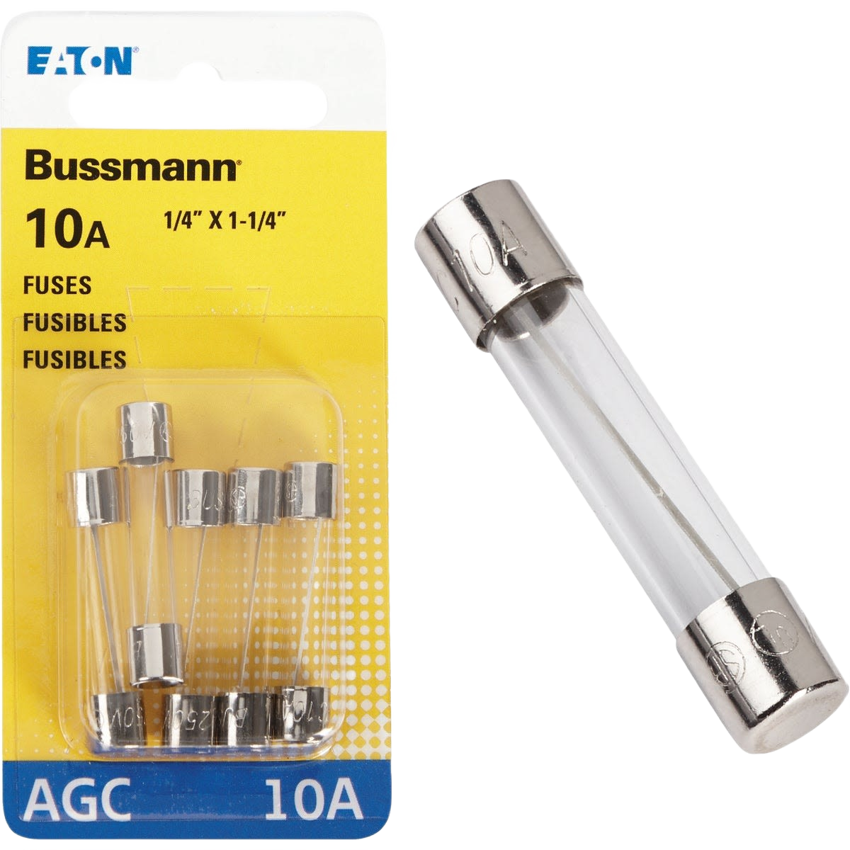 Pack of five Bussmann 10 amp glass tube automotive fuses with metal end caps and clear bodies for electrical protection