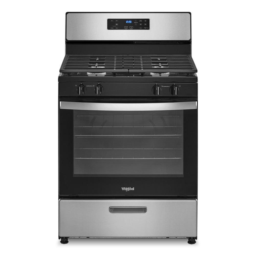 freestanding gas range with stainless steel finish, digital display, control knobs, and broiler drawer for kitchen appliances