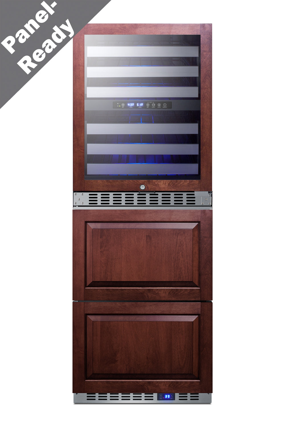 Combination dual-zone wine cellar and two-drawer refrigerator with wood panel fronts for kitchen appliances collection