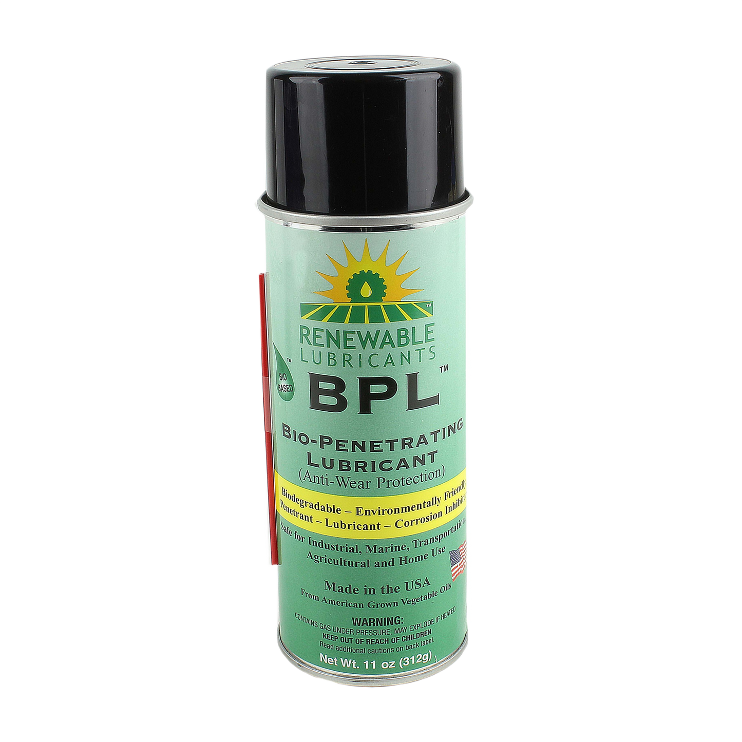 Green can of renewable bio-penetrating lubricant spray with black cap and red straw for precise application in tools and home improvement