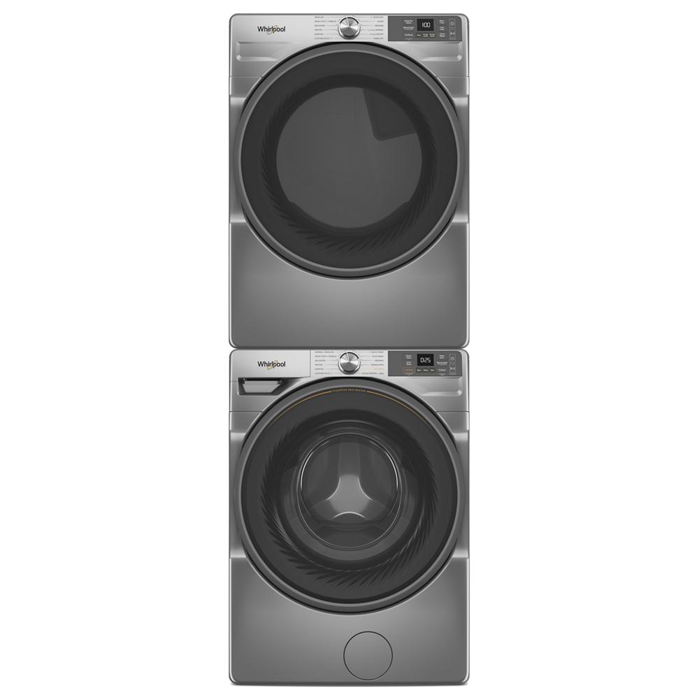 Stacked silver smart front load washer and dryer with digital controls from Washers & Dryers collection